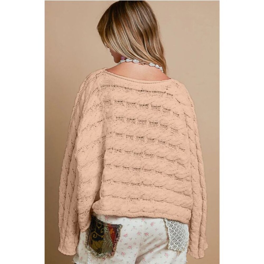 POL Crop Sweater L Boat Neck Oversize Lightweight Open Knit Minimalist Neutral - Picture 2 of 10